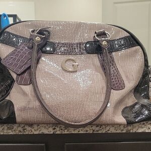 Guess Crocodile-Embossed Tote in Cream and Black